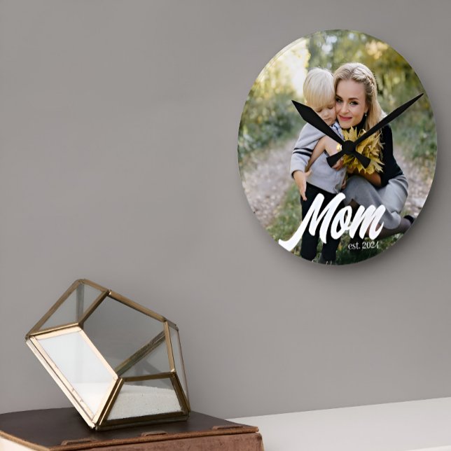 Mum Established Modern White Script Photo Round Clock (Creator Uploaded)