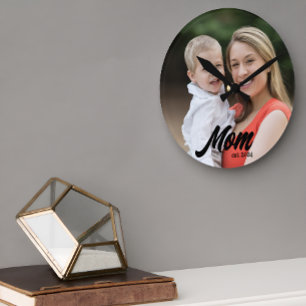Mum Established Modern White Script Photo Round Clock