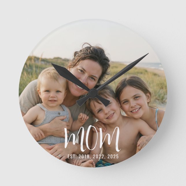 Mum Established Modern White Script Photo Round Clock (Front)
