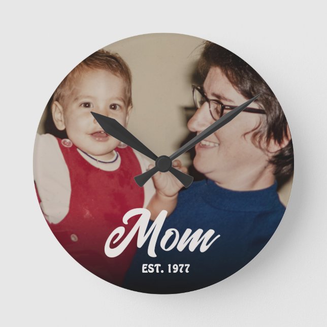 Mum Established Modern White Script Photo Round Clock (Front)