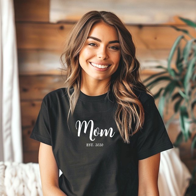 Mum Established New Mum Gift T-Shirt (Established Mom black t-shirt with playful, elegant white script text. A perfect Mother's Day gift.)