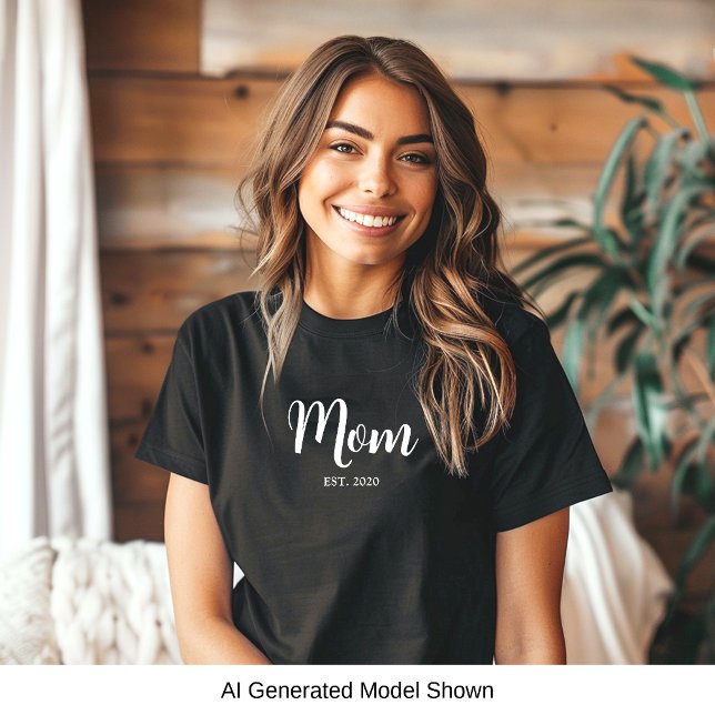 Mum Established New Mum Gift T-Shirt (Established Mom black t-shirt with playful, elegant white script text. A perfect Mother's Day gift.)