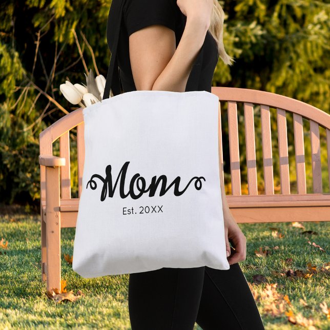 Mum Established New Mum Gift Tote Bag (Mom Established New Mom Gift Tote Bag in White with Black Script Text, Established Est Date.)