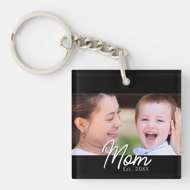Mum Established Photo Black Script Minimal Elegant Key Ring (Front)