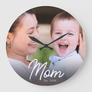 Mum Established Photo Black Script Minimal Elegant Large Clock