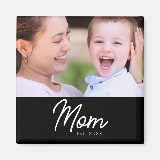Mum Established Photo Black Script Minimal Elegant Magnet (Front)