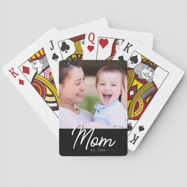 Mum Established Photo Black Script Minimal Elegant Playing Cards (Back)