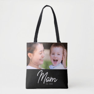 Mum Established Photo Black Script Minimal Elegant Tote Bag