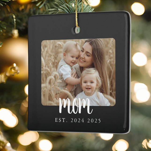 Mum Established Photo Gift Magnet Ceramic Ornament (modern simple black and white photo mom established date christmas ornament gift for mother or mama)