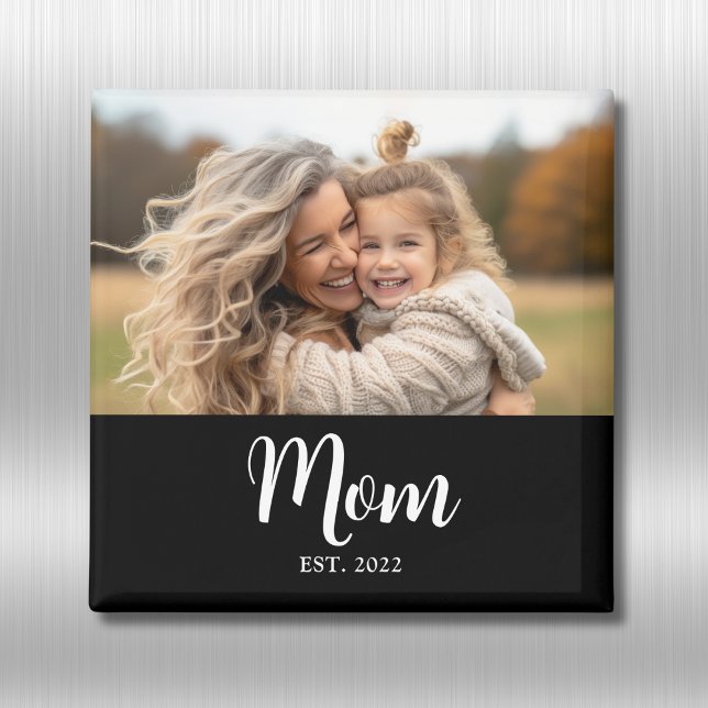 Mum Established Photo Mother's Day Magnet (Mom established white script text with personalized photo, name and year of becoming a mom)