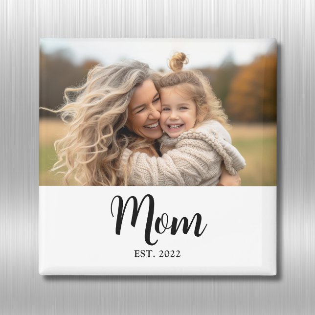 Mum Established Photo Script Text Gift Magnet (Mom established fridge magnet with elegant personalizable black script and customizable photo)
