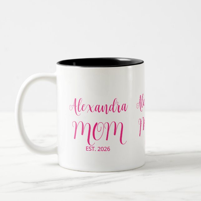 Mum Established Pink Script Name  Two-Tone Coffee Mug (Left)