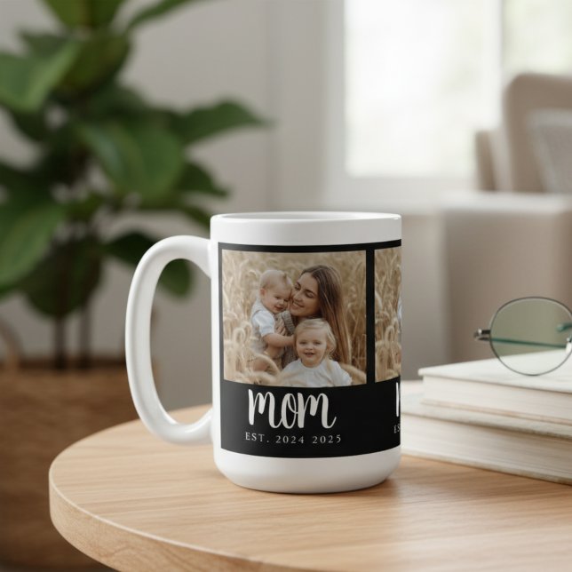 Mum Established Script Black 3 Photo Coffee Mug (modern trendy 3 photo mom established dates mug for unique heartfelt mother's day christmas gifts)