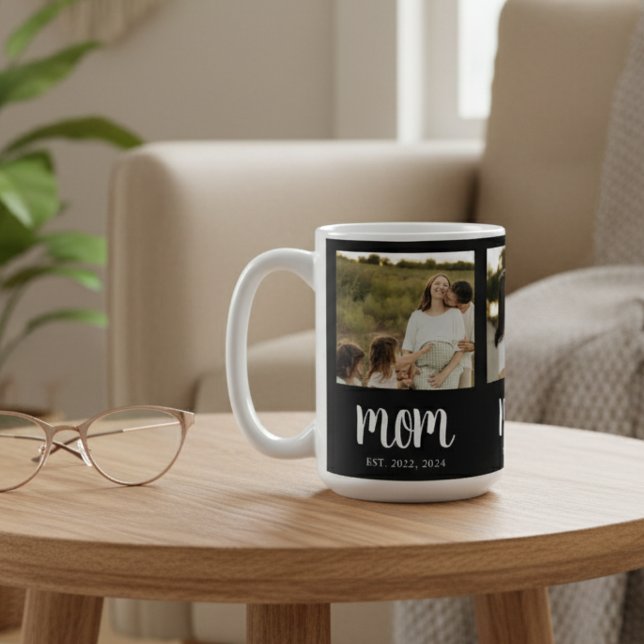 Mum Established Script Black 3 Photo Coffee Mug (modern black and white mom established coffee mug with 3 photos and date for mothers day christmas)