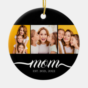 Mum Established Script Black 3 Photo Collage Ceramic Tree Decoration