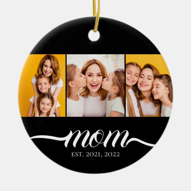 Mum Established Script Black 3 Photo Collage Ceramic Tree Decoration (Front)