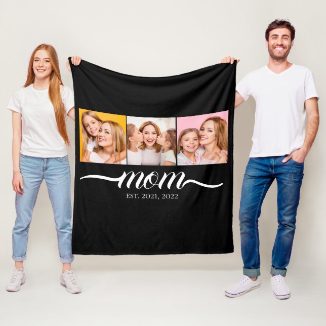 Mum Established Script Black 3 Photo Collage Fleece Blanket (In Situ)