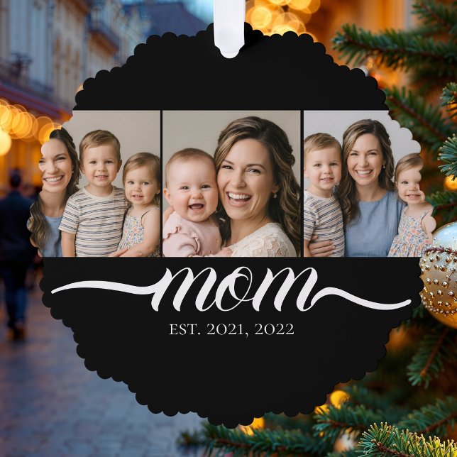 Mum Established Script Black 3 Photo Collage Tree Decoration Card (Creator Uploaded)
