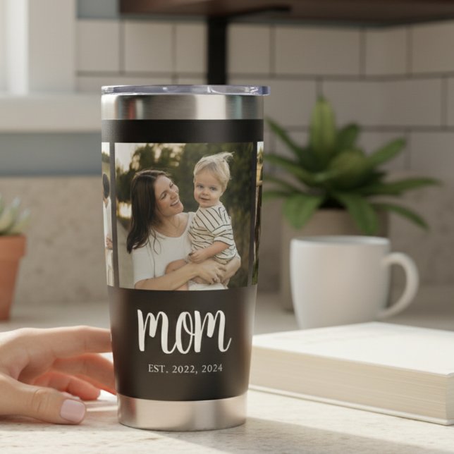 Mum Established Script Black 3 Photo Insulated Tumbler (modern minimal black tumbler with mom established date in white script with 3 photo design for gifts)