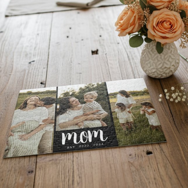 Mum Established Script Black 3 Photo Jigsaw Puzzle (modern 3 photo black and white script mom established puzzle gift for mom on Mother's Day Christmas)