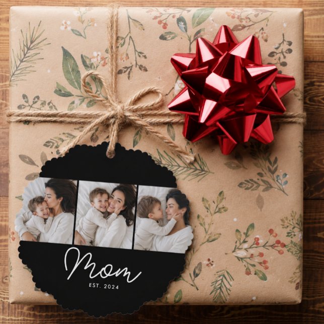 Mum Established Script Black 3 Photo Tree Decoration Card (Creator Uploaded)