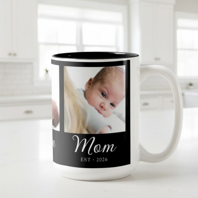 Mum Established Script Black 3 Photo  Two-Tone Coffee Mug (Creator Uploaded)