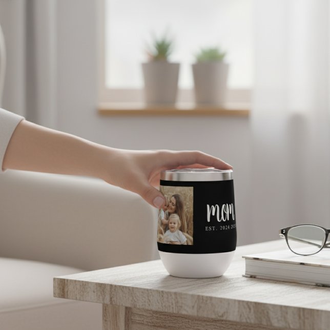 Mum Established Script Black Photo (modern script mom custom established dates with photo for mother's day or christmas gift for new mom)