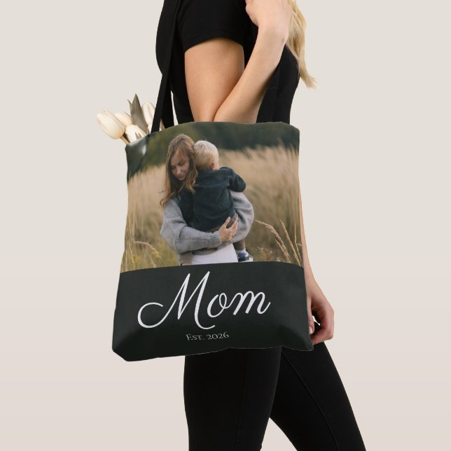 Mum Established Script Black Photo Tote Bag (Close Up)