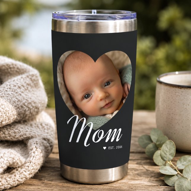 Mum Established Script Heart Photo Black Insulated Tumbler (Creator Uploaded)