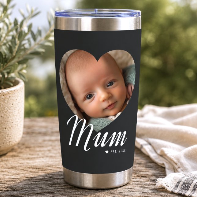 Mum Established Script Heart Photo Black Insulated Tumbler (Creator Uploaded)