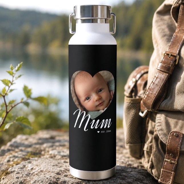 Mum Established Script Heart Photo Black Insulated Water Bottle (Creator Uploaded)