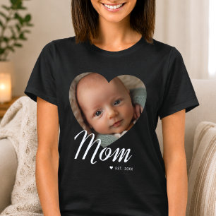 Mum Established Script Heart Photo Black T-Shirt