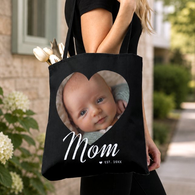 Mum Established Script Heart Photo Black Tote Bag (Creator Uploaded)