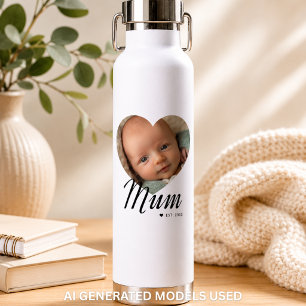 Mum Established Script Heart Photo White Insulated Water Bottle