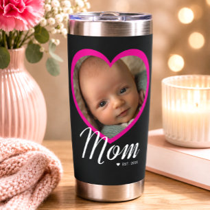 Mum Established Script Pink Heart Photo Black Insulated Tumbler