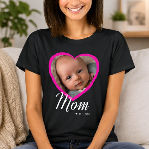 Mum Established Script Pink Heart Photo Black T-Shirt
