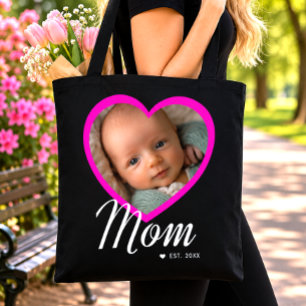 Mum Established Script Pink Heart Photo Black Tote Bag