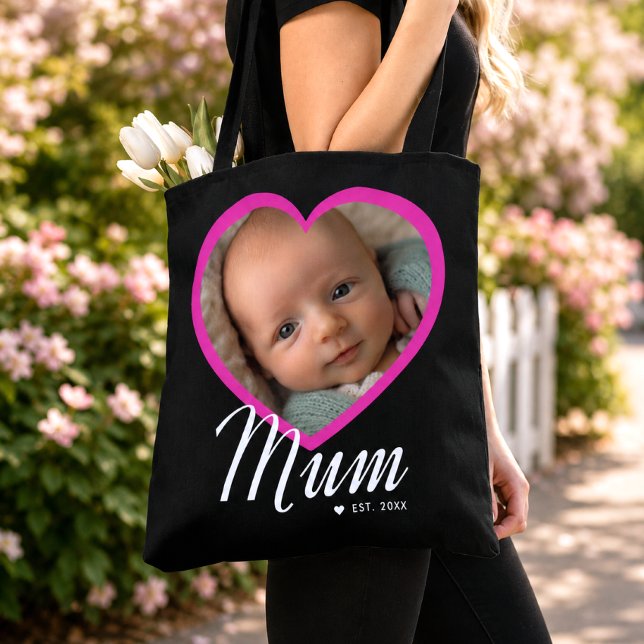 Mum Established Script Pink Heart Photo Black Tote Bag (Creator Uploaded)