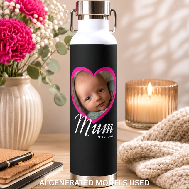 Mum Established Script Pink Heart Photo Black Water Bottle (Mum Established Script Pink Heart Photo Black Water Bottle)
