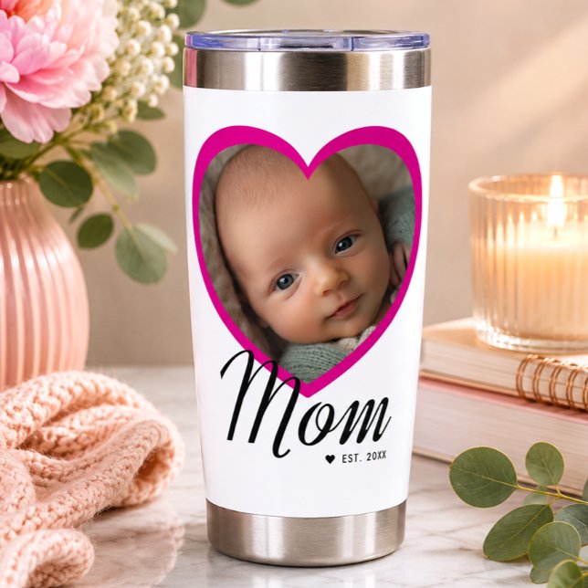Mum Established Script Pink Heart Photo White Insulated Tumbler (Creator Uploaded)