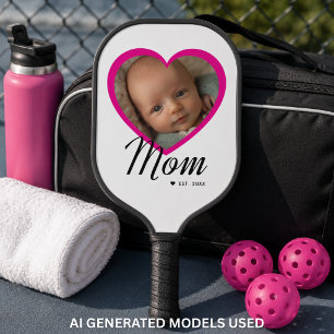 Mum Established Script Pink Heart Photo White Pickleball Paddle