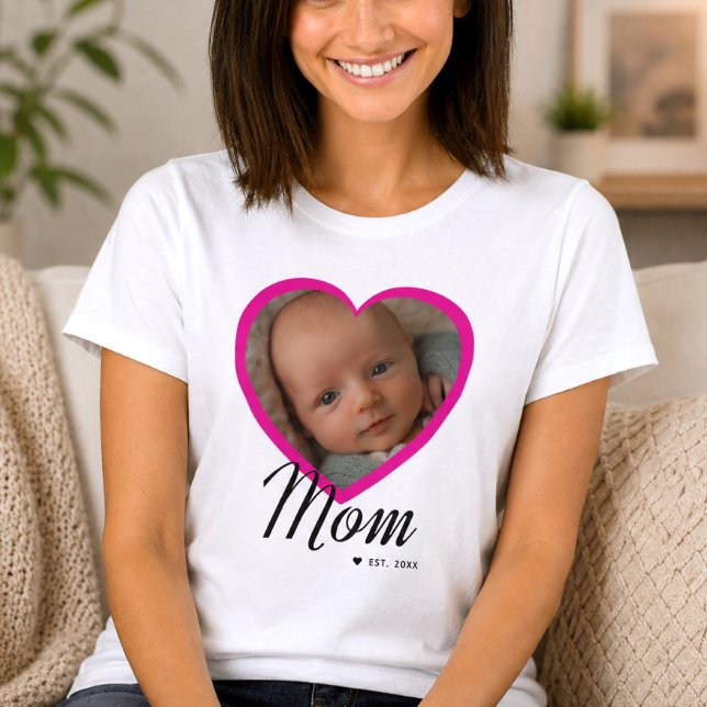 Mum Established Script Pink Heart Photo White T-Shirt (Creator Uploaded)