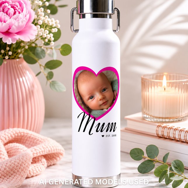 Mum Established Script Pink Heart Photo White Water Bottle (Mum Established Script Pink Heart Photo White Water Bottle)