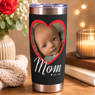 Mum Established Script Red Heart Photo Black Insulated Tumbler