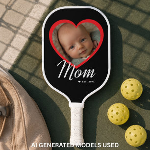 Mum Established Script Red Heart Photo Black Pickleball Paddle
