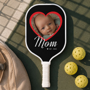 Mum Established Script Red Heart Photo Black Pickleball Paddle