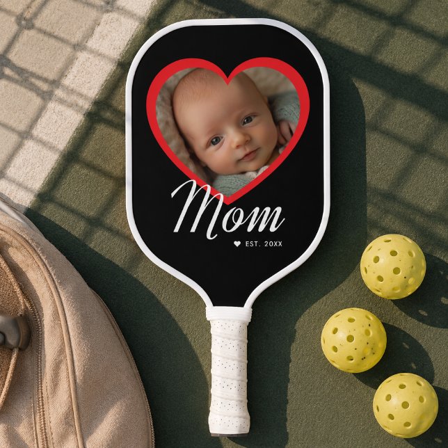 Mum Established Script Red Heart Photo Black Pickleball Paddle (Creator Uploaded)