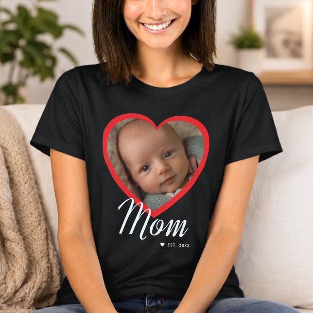Mum Established Script Red Heart Photo Black T-Shirt (Mom Established Script Red Heart Photo Black T-Shirt)
