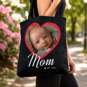 Mum Established Script Red Heart Photo Black Tote Bag