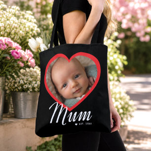 Mum Established Script Red Heart Photo Black Tote Bag